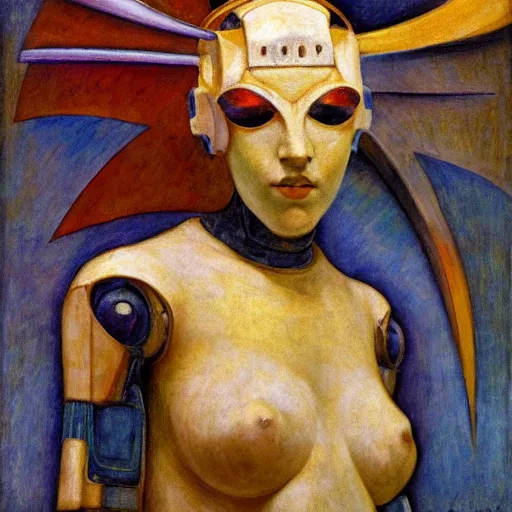 Prompt: the robot in her moth mask, by Annie Swynnerton and Diego Rivera, symbolist, dramatic lighting, elaborate geometric ornament, Art Deco,god rays, soft cool colors,smooth, sharp focus, extremely detailed, Adolf Wölfli