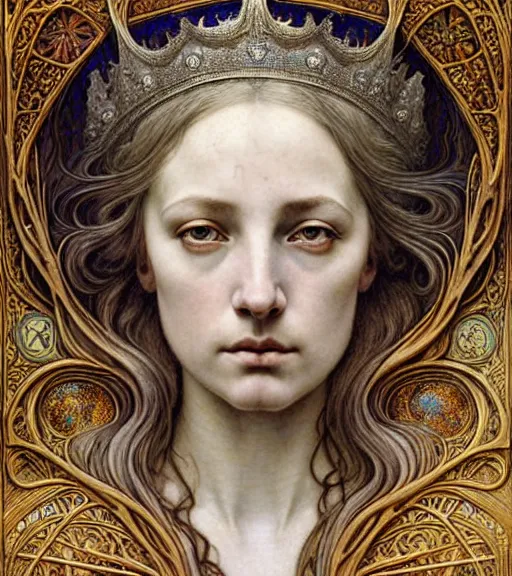 Image similar to detailed realistic beautiful young medieval queen face portrait by jean delville, gustave dore and marco mazzoni, art nouveau, symbolist, visionary, gothic, pre - raphaelite. horizontal symmetry by zdzisław beksinski, iris van herpen, raymond swanland and alphonse mucha. highly detailed, hyper - real, beautiful, fractal baroque