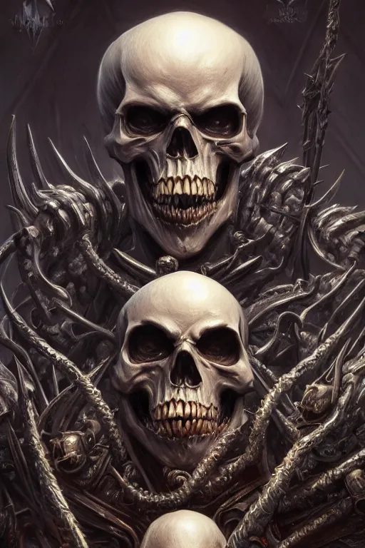 Image similar to death lord stand on skulls, highly detailed, d & d, fantasy, highly detailed, digital painting, trending on artstation, concept art, sharp focus, illustration, global illumination, ray tracing, realistic shaded, art by artgerm and greg rutkowski and fuji choko and viktoria gavrilenko and hoang lap,