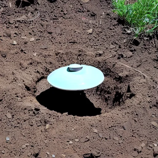 Prompt: a saucer shaped ufo stuck vertically in the dirt after crashing,