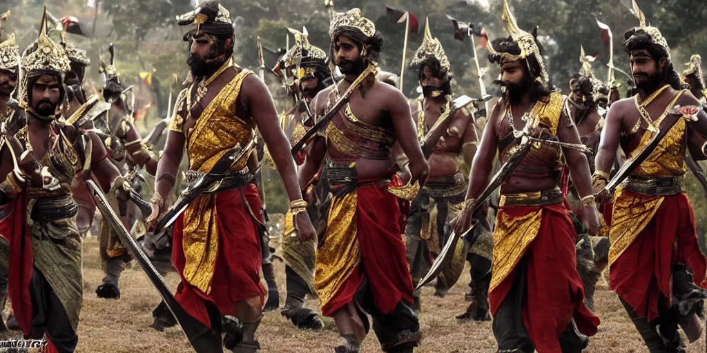 Image similar to sri lankan warriors with swords, film still, fantasy movie style