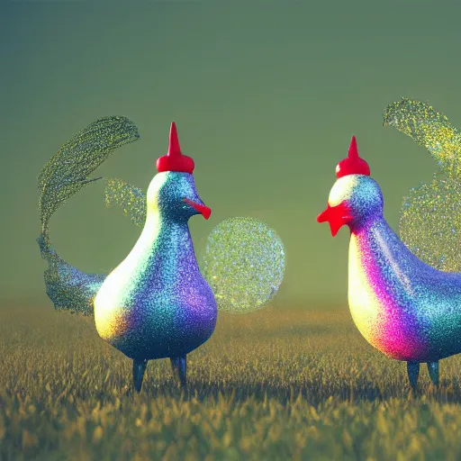 Image similar to magical sparkling chickens frolicking in a field, photorealistic, hyperrealistic, 8 k
