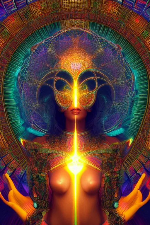 Prompt: a centered render of an alluring goddess wearing a psychedelic mask surrounded by a glorious sacred energy made from geometry and spiral mandel bulb fractals in a majestic cathedral, powerful, cinematic, beautifully lit, by artgerm, by karol bak, 3 d, trending on artstation, octane render, 8 k