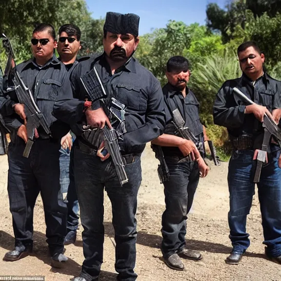 Image similar to the fearsome og shadow, mexican cartel leader, standing in front of his heavily armed men guarding him, award - winning photography