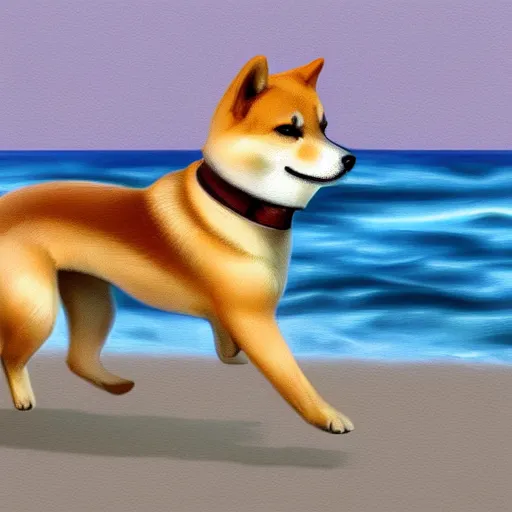 Prompt: a shiba inu running along the beach, digital art