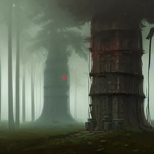 Image similar to monumental old ruins tower of a dark misty forest, overcast, sci - fi digital painting by simon stalenhag