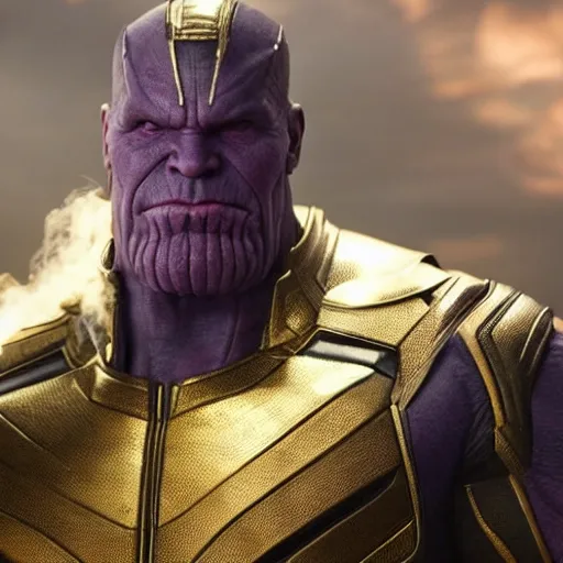 Prompt: a still from an avengers movie of thanos smoking a cigarette