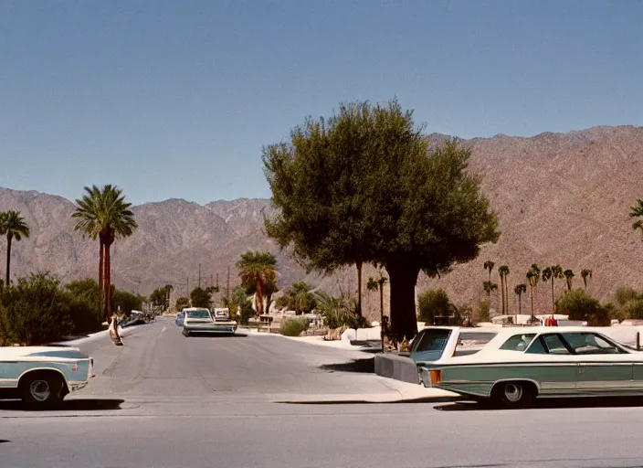 Prompt: a detailed photograph of 1 9 7 0 s palm springs neighborhood by slim aarons, photoreal, minimal, getty images, 4 k