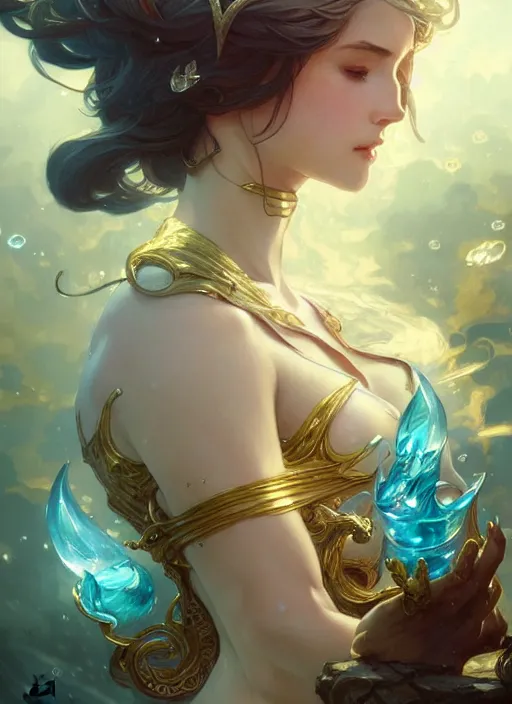 Image similar to summoner with a cute water elemental, fantasy, intricate, elegant, highly detailed, digital painting, artstation, concept art, wallpaper, smooth, sharp focus, illustration, art by artgerm and greg rutkowski and alphonse mucha