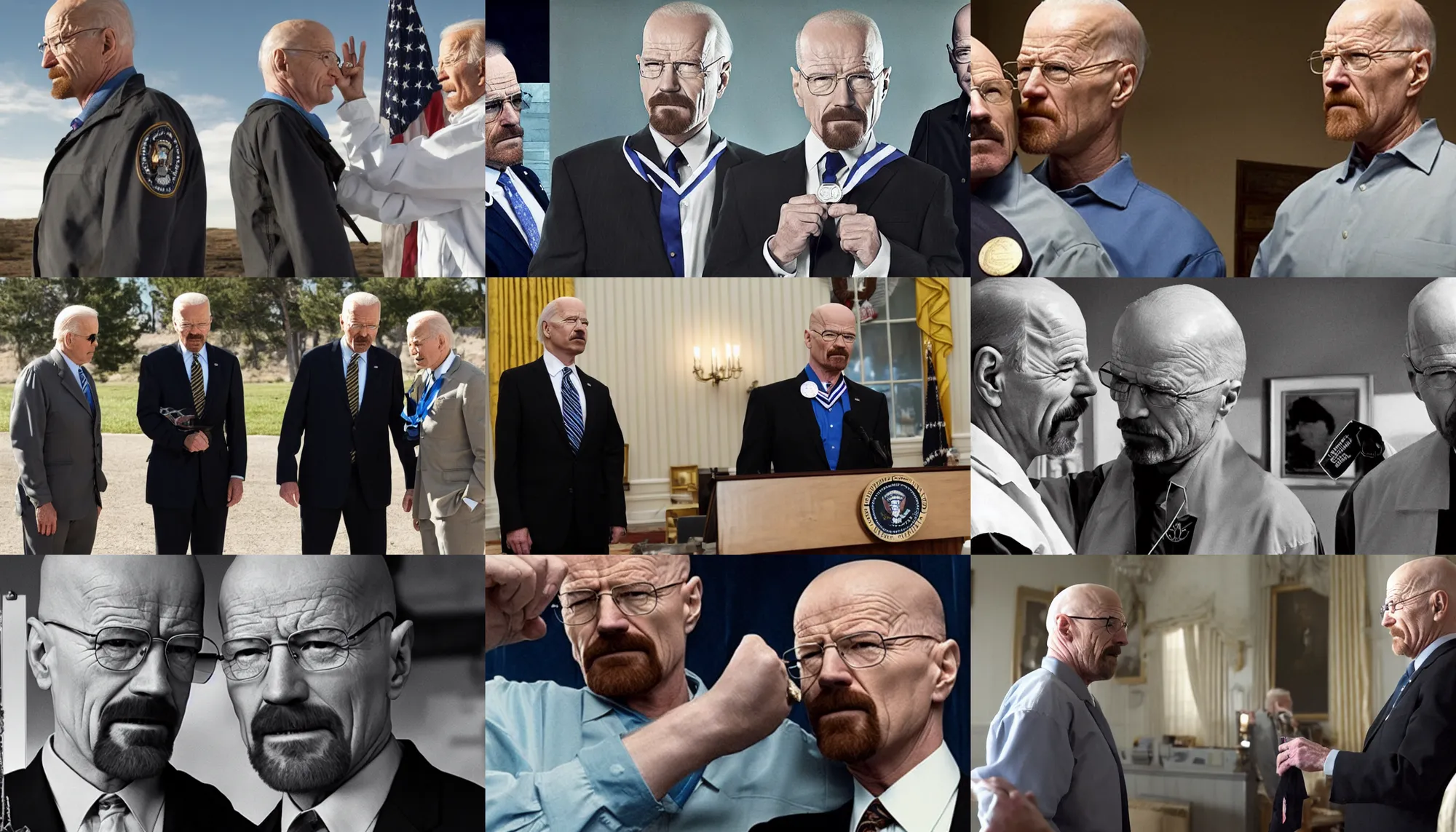 Prompt: Walter White is awarded the Presidential Medal of Freedom by Joe Biden in Breaking Bad