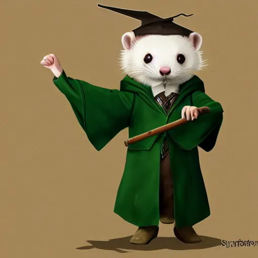 Image similar to a anthropomorphic ferret is dressed as a hogwarts student in slytherin robes, hyperdetailed, artstation, cgsociety, 8 k