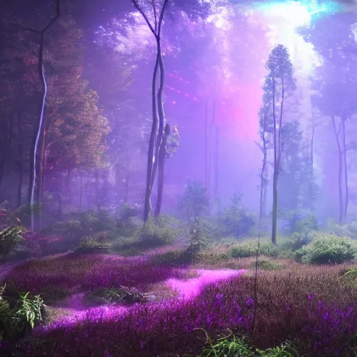 Prompt: an holographic forest floating in space, cinematic, beautiful, unreal engine 5, movie still