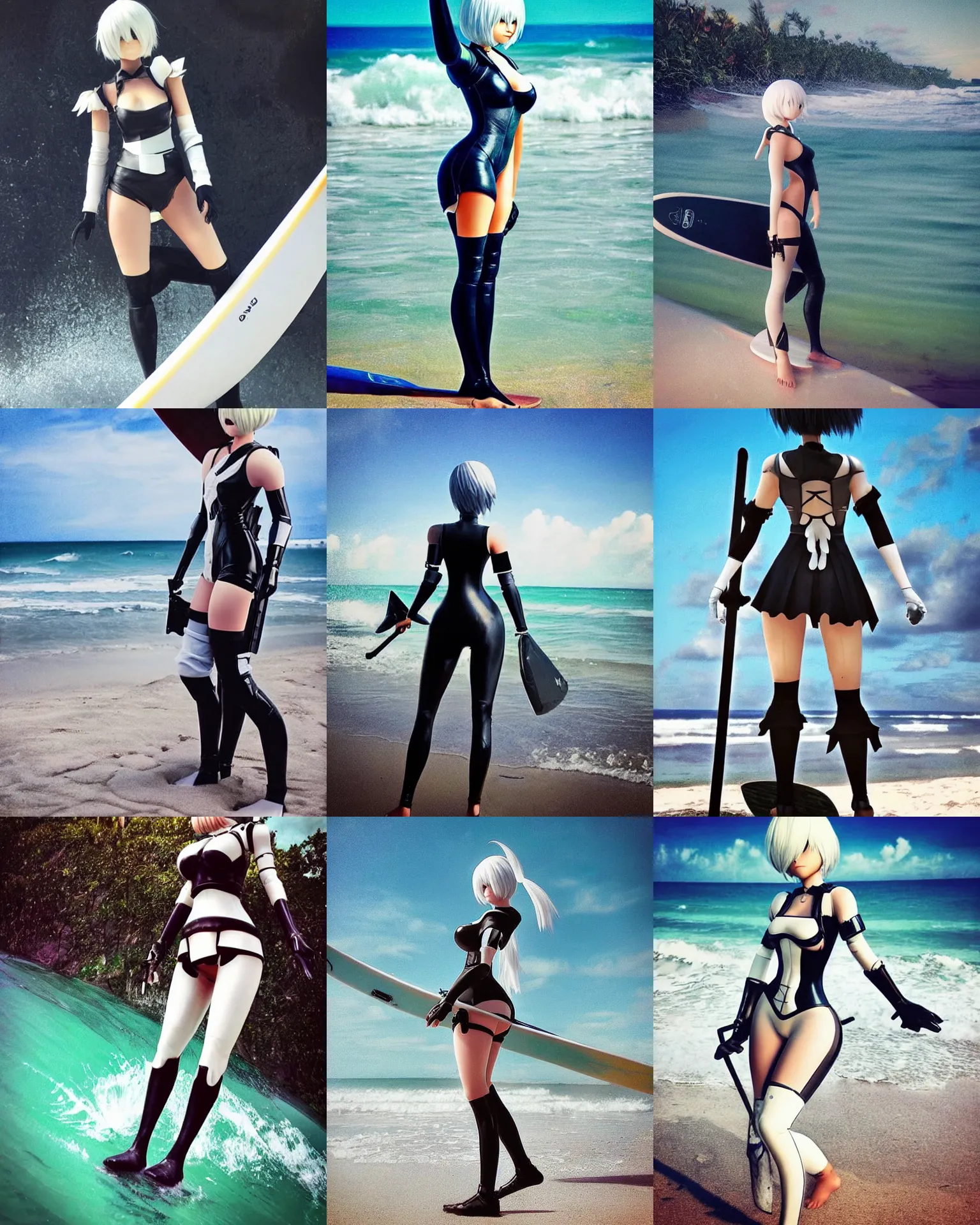 Prompt: iphone HDR photo of beautiful 2B from Nier Automata as a surfer in Florida, 35mm, cinematic, trending on Instagram, 2B as a surfer model