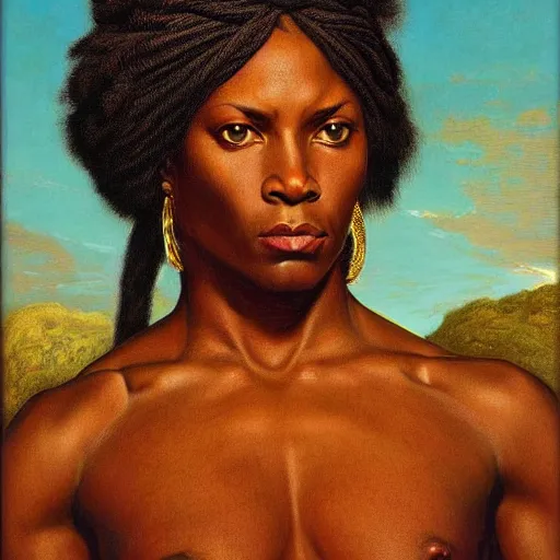 Prompt: portrait oil painting of a fierce muscular african - american warrior half - leopard by john william godward. photorealistic, highly detailed, bright colors, classical lighting. tarot and voodoo symbolism.