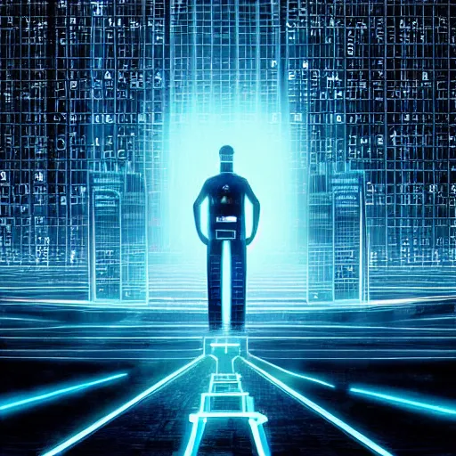 Prompt: “ the blockchain race, tron legacy, in the ancient tower of babylon ”