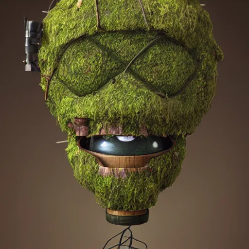 Image similar to a mossy humanoid with a wooden lantern as its head!!!!!, 4 k photorealism, trending on artstation, 4 k quality