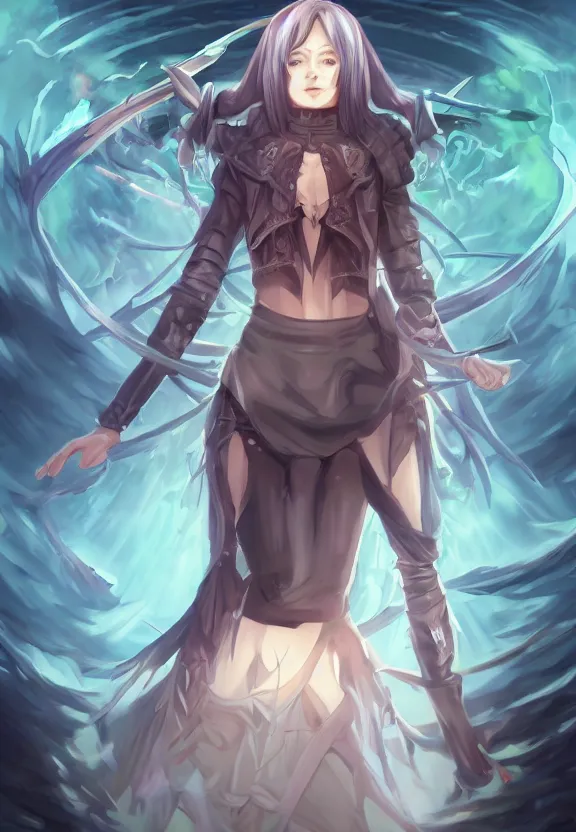 Image similar to mad necromancer anime girl walking through tunder lands of infinite geometry, floating obelisks, oil painting, symmetrical, rule of three, detailed body, full body, detailed face, ultradetailed digital illustration, 8 k, epic atmosphere, digital art by simon cowell and rachel walpole