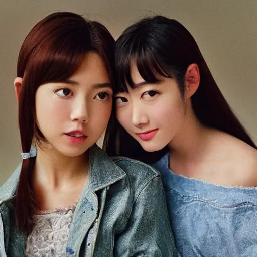 Image similar to 1990s, unbelievably beautiful, perfect, dynamic, epic, cinematic 8K HD movie shot of two semi-close-up japanese beautiful cute young J-Pop idols actresses girls, they express joy and posing together. By a Chinese movie director. Motion, VFX, Inspirational arthouse, high budget, hollywood style, at Behance, at Netflix, with Instagram filters, Photoshop, Adobe Lightroom, Adobe After Effects, taken with polaroid kodak portra