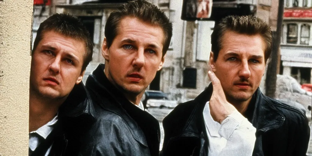 Image similar to close view headshot portrait of a pair alexandr zembatov and mikhail alontsev, tall and small, posing on a street in gangsta comedy of 1990s, movie shot, Edward Norton, Tom Cruise, Lock, Stock and Two Smoking Barrels