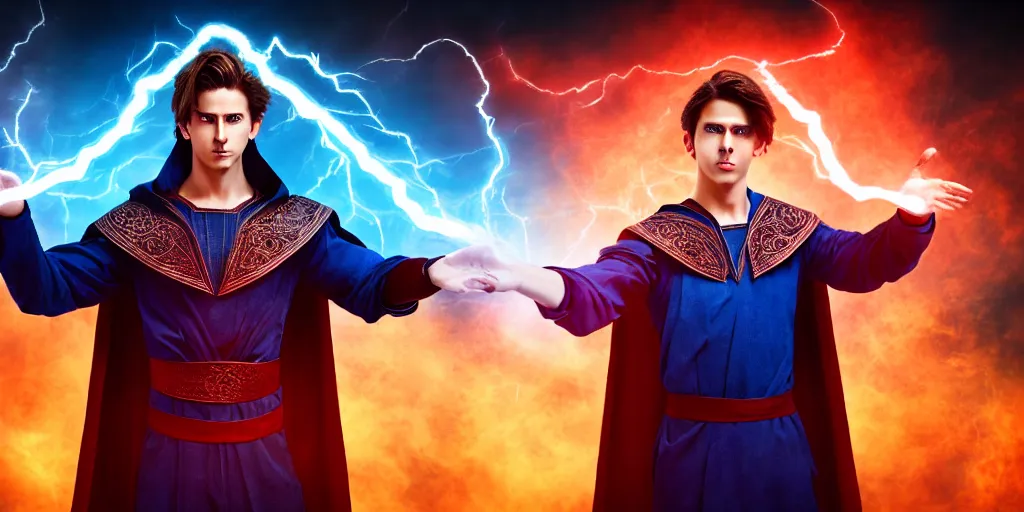 Image similar to epic scene of a handsome male sorcerer with brown hair, he is casting a blue and red spell that is emanating from his hands, heroic pose, medium shot, waist up, epic composition, post processing, cinematic poster