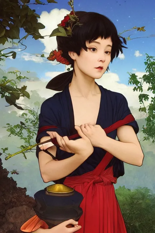 Prompt: kiki in kiki\'s delivery service in ancient java, highly detailed, digital painting, artstation, concept art, smooth, sharp focus, illustration, ArtStation, art by artgerm and greg rutkowski and alphonse mucha and J. C. Leyendecker and Edmund Blair Leighton and Katsuhiro Otomo and Geof Darrow and Phil hale and Ashley wood and Ilya repin and Charlie Bowater