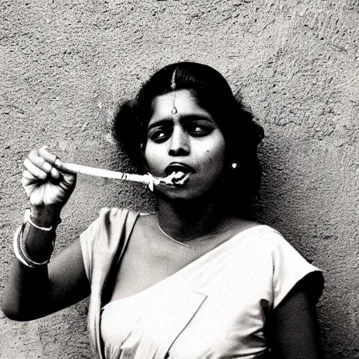 Image similar to portrait of a sri lankan woman smoking cigarette, vintage photo in 8 0's style