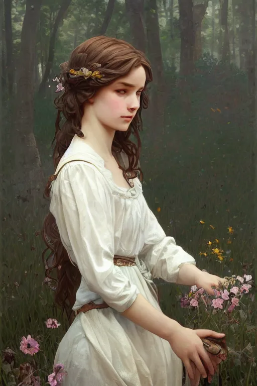Image similar to beautiful cottagecore young peasant maiden, innocent, intricate, elegant, highly detailed, digital painting, artstation, concept art, smooth, sharp focus, illustration, art by artgerm and greg rutkowski and alphonse mucha