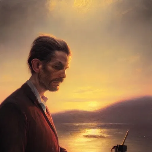 Image similar to portrait of 3 0 year old don van vliet, sunset, gorgeous view, depth, painted by seb mckinnon, high detail, digital art, painted by greg rutkowski, trending on artstation