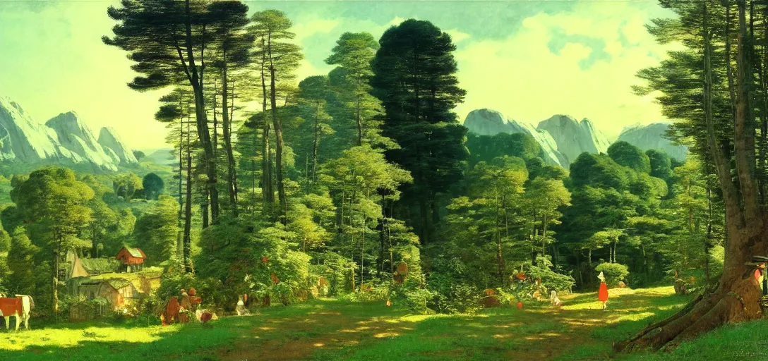 Image similar to ghibli illustrated background of strikingly beautiful swedish farm, the feales and forests in the background by vasily polenov, eugene von guerard, ivan shishkin, albert edelfelt, john singer sargent, albert bierstadt 4 k