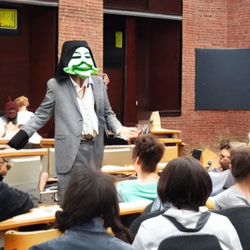 Image similar to professor anonymous wearing guy fawkes mask giving lecture at university