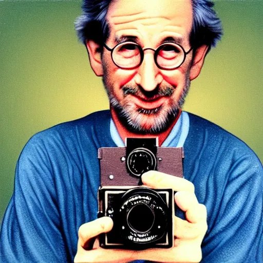 Prompt: surrealism painting of Steven Spielberg holding a super 8 camera