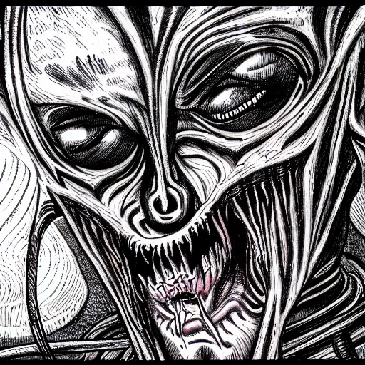 Image similar to a dark humanoid, hyper detailed, in the style of h. r. giger and junji ito and h. r. giger and junji ito, selfie