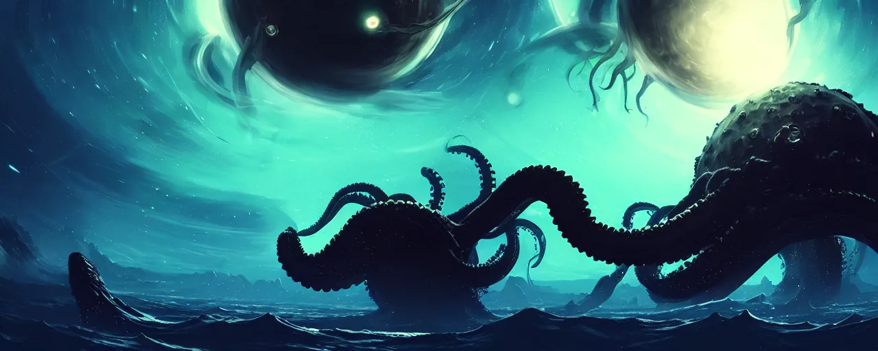 Image similar to A wide shot of a kraken with sharp fangs swimming in space eating a planet, stars and a nebula in the background art by Maciej Kuciara and Jason Chan, ominous, cosmic horror, trending on artstation, Ultra detailed, hyper realistic 4k