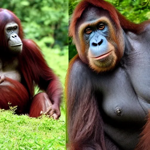 Image similar to orangutan and silverback gorilla hybrid animal real photo highly detailed