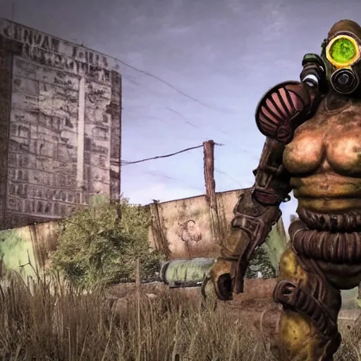 Image similar to fallout super mutant death claw in gas mask