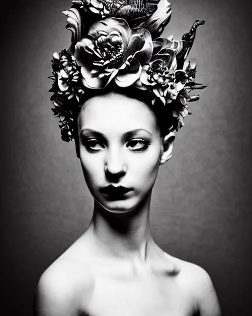 Image similar to a black and white high quality dreamy photo of a young beautiful female queen-silver dragon-vegetal-flower-cyborg bust with a very long cyborg neck and a steampunk flower crown, elegant, highly detailed, poetic, soft, dreamy, mysterious, high fashion, in the style of Horst P. Horst, Metropolis, Realistic, Refined, Digital Art, Highly Detailed, Cinematic Lighting, rim light, black and white, photo-realistic, 8K