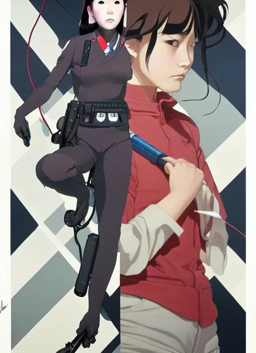 Image similar to Artwork by James Jean and Phil noto and hiyao Miyazaki; a young Japanese future police lady named Yoshimi battles an evil natures carnivorous robot on the streets of Tokyo; Art work by Phil noto and James Jean