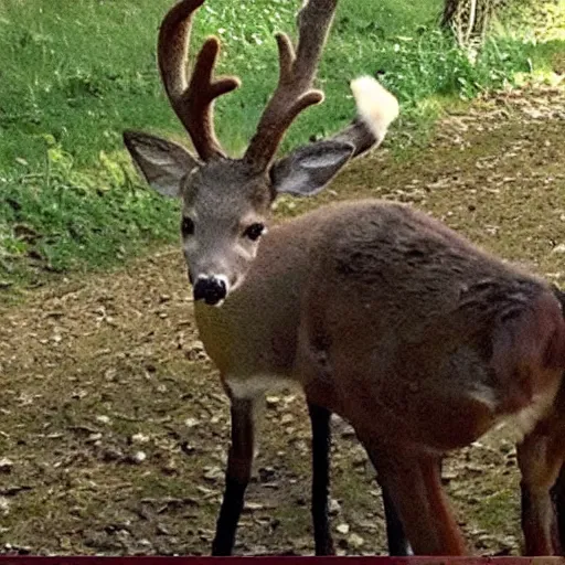 Prompt: trail cam footage of Nicolas Sarkozy on a deer, low quality video