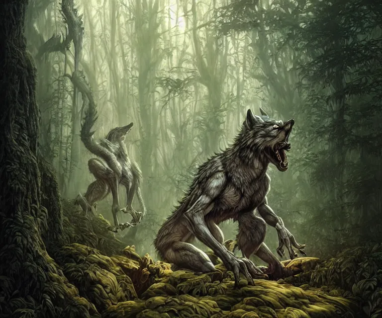 Image similar to wolf monster in a forest, dramatic lighting, ultra realistic, intricate details, forest, highly detailed by peter mohrbacher, allen williams, hajime sorayama, wayne barlowe, boris vallejo, aaron horkey, gaston bussiere, artgerm