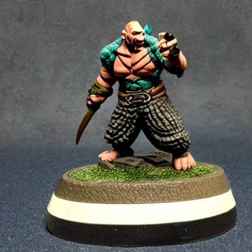 Prompt: a dungeons and dragons miniature of dave bautista as half - orc bard