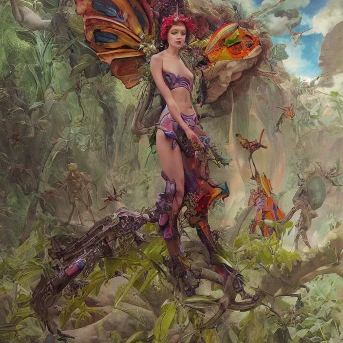 Image similar to a fashion editorial of fairy as a brightly colored sphinx amphibian hybrid with wet translucent skin. wearing an growing organic exosuit. by tom bagshaw, donato giancola, hans holbein, walton ford, gaston bussiere, brian froud, peter mohrbacher and magali villeneuve. 8 k, cgsociety