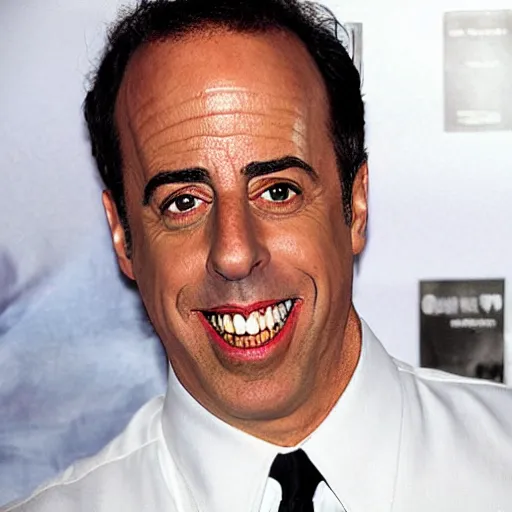 Prompt: Jerry Seinfeld with lots of scary looking realistic sharp pointy teeth, highly detailed movie still