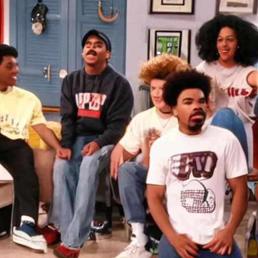 Prompt: a tv still of Chance The Rapper starring as a college student in a 1993 black sitcom