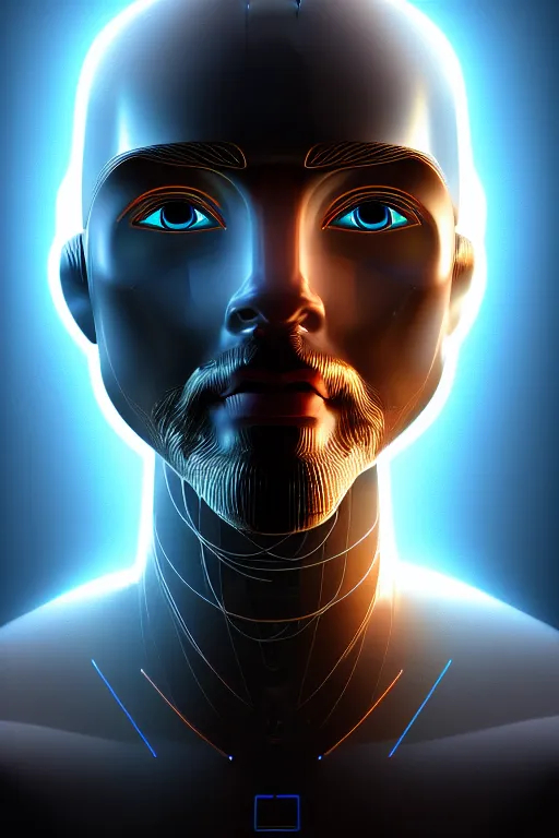 Image similar to god of artificial intelligence comes to save us as jesus christ robot, threads of light in the background, extremely high quality artwork, very detailed, obscured face, anthropomorphic silhouette, trending on artstation