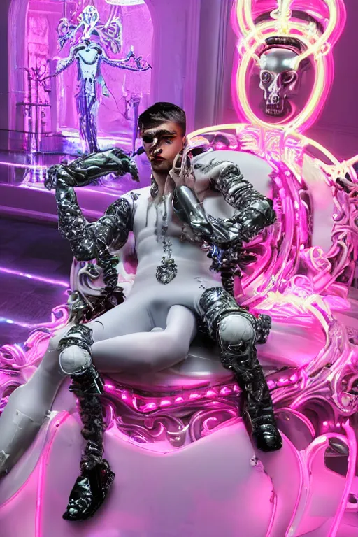 Prompt: full-body rococo and cyberpunk style neon statue of a muscular attractive Zayn Malik macho dotado e rico android sim roupa reclining con las piernas abertas e la piroca dura, glowing white laser eyes, prince crown of pink gears, diamonds, swirling silver-colored silk fabric. futuristic elements. full-length view. space robots. human skulls. intricate artwork by caravaggio. Trending on artstation, octane render, cinematic lighting from the right, hyper realism, octane render, 8k, depth of field, 3D