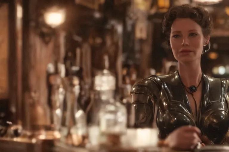 Image similar to cinematography of a beautiful cyborg woman in a vintage western bar alone asking for a drink by Neil Blomkamp