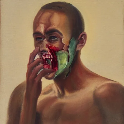 Prompt: a beautiful complex painting of the head view of a man with a bloody mouth looking at the camera