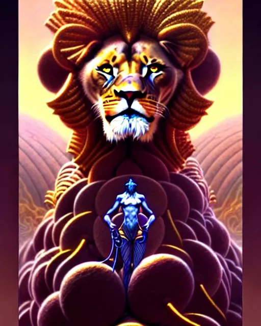 Image similar to a person and a lion tarot card, fantasy character portrait made of fractals, ultra realistic, wide angle, intricate details, the fifth element artifacts, highly detailed by peter mohrbacher, hajime sorayama, wayne barlowe, boris vallejo, aaron horkey, gaston bussiere, craig mullins