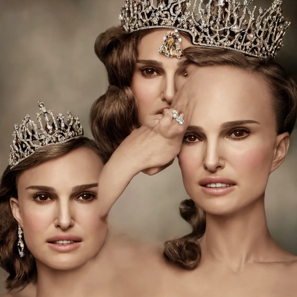 Image similar to natalie portman as the queen of england, big crown adorned with emerald, diamonds, topaz and other jewellaries, sensual, beautiful soft light failling on her face, zoomed out, studio photography, nikon 3 5 mm portrait photography, ultra realistic