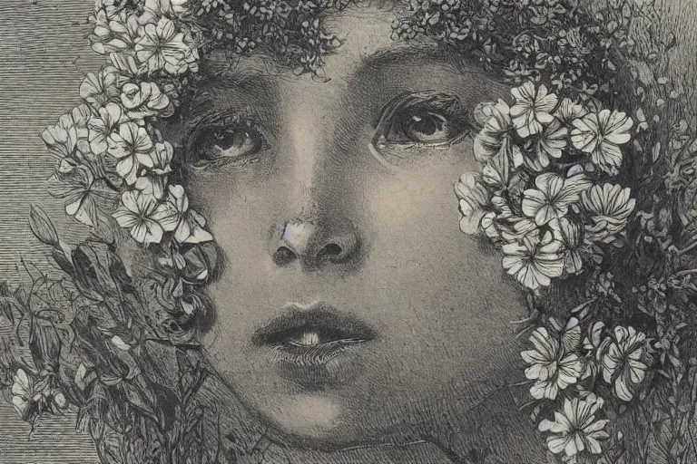 Prompt: black and white, close-up young french eyes covered by flowers, Gustave Dore lithography